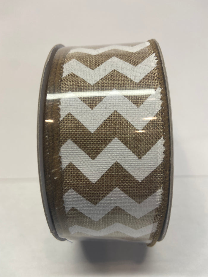 1.5" x 10yd White Chevron on Natural Royal Wired Edge Ribbon