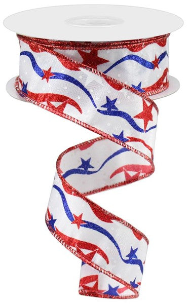 1.5"X10yd Stars And Wavy Stripes/Satin Wired Edge Ribbon