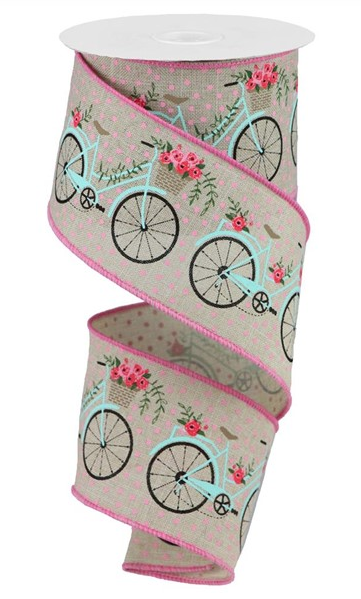 2.5" x 10yd Bicycle on Royal Wired Ribbon with Pink Polka Dots: Natural