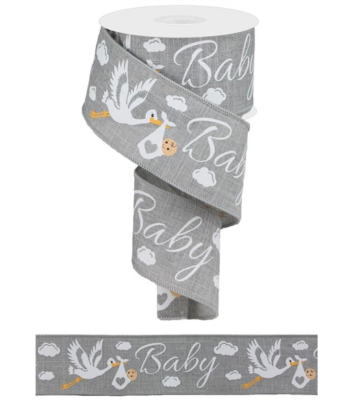 2.5"X 10 yd Storks On Royal Grey Baby Wired Edge Ribbon
