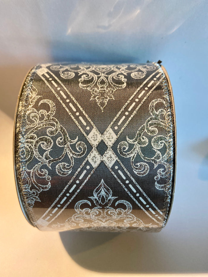 2.5"x10yd Ornate Silver and White Glittered Wired Edge Ribbon