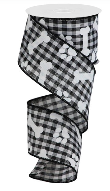 2.5"X10yd Pawprints/Bones Black White Gingham Check Dog Lover Wired Edge Ribbon