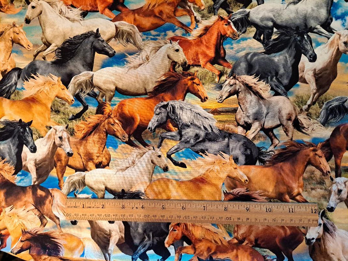 30" x 44" Big Sky Country Fabric by Michael Miller, Freedom Blue, Western, Horses