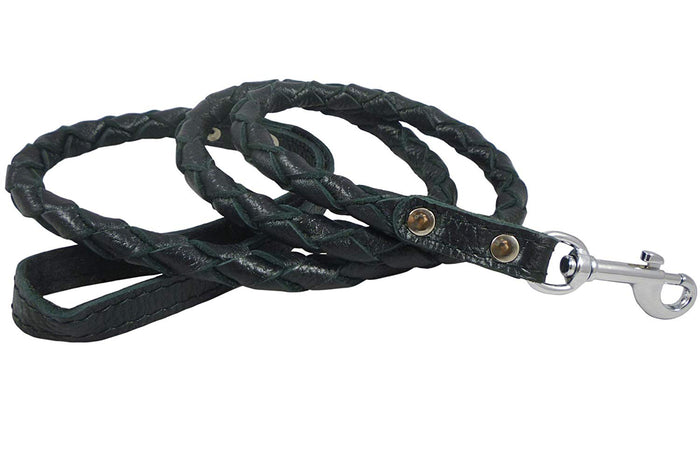 4-thong Round Fully Braided Genuine Leather Dog Leash, 4 Ft x 5/8" (15mm) Black, Medium Breeds