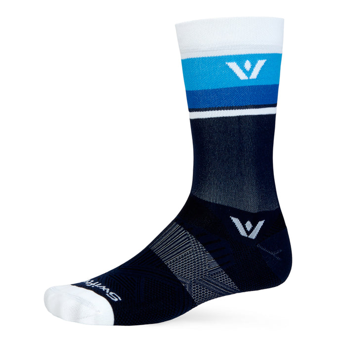 Aspire Crew sock in navy with white and blue stripes