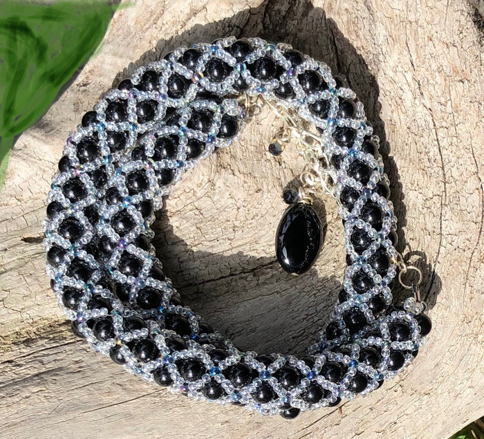 Beaded Necklace - Black and Multi Iridescent Netted Treasure