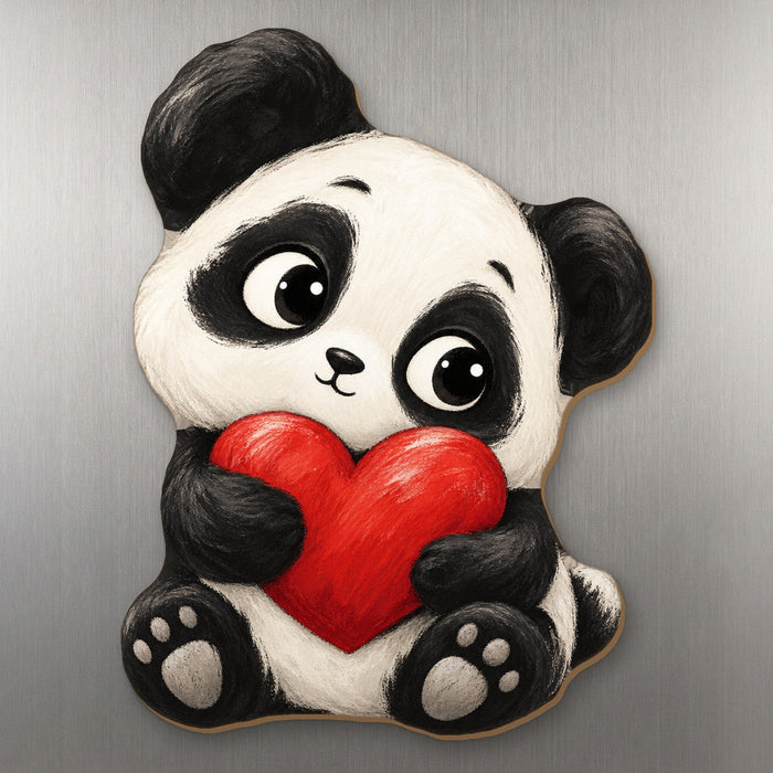 Bear Hug Panda wood magnet M365 on a stainless steel fridge, made in USA