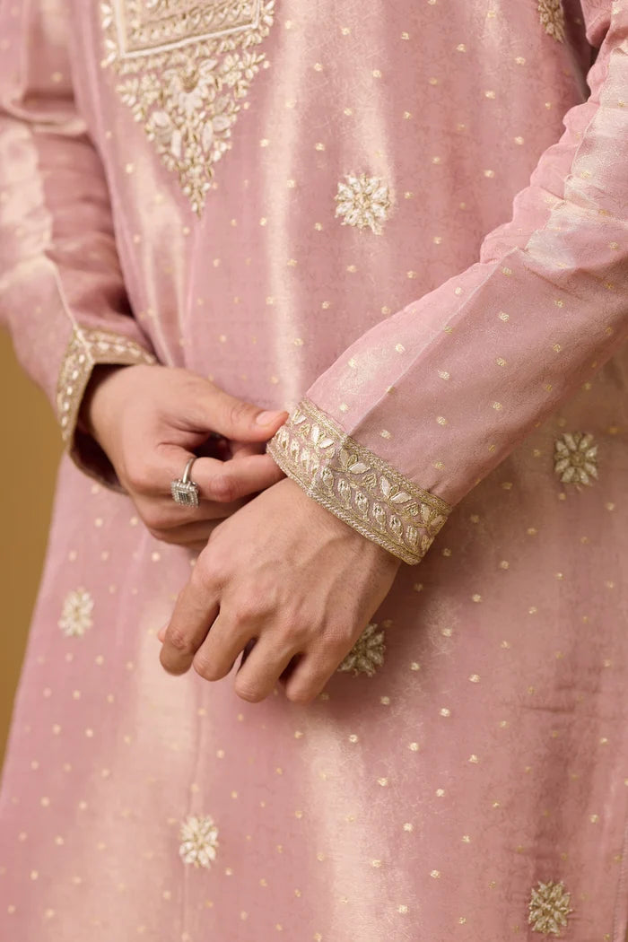 Floral Embroidered Blush Kurta Set – Full Length View | Mahavir NX