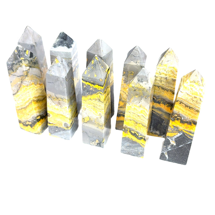 Bumblebee Jasper Gemstone Tower grouping on white over view