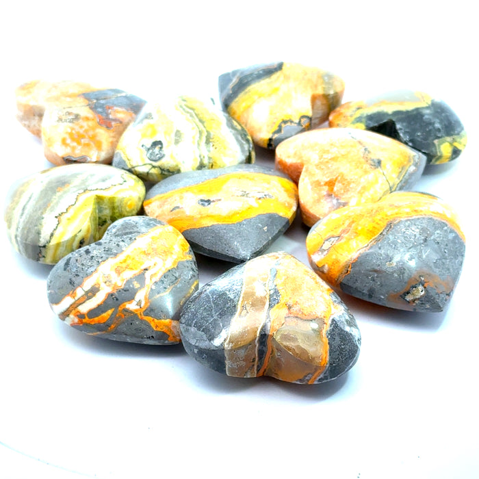 Bumblebee Jasper Heart Gemstone grouping on white front overview