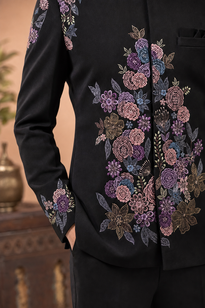 Designer Black Jodhpuri Suit for Men – Full Length View | Mahavir NX