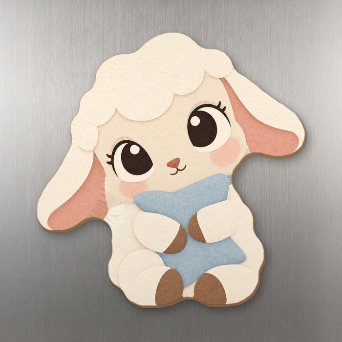 Cloud Nine Lamb wood magnet M331 on a stainless steel fridge, made in USA