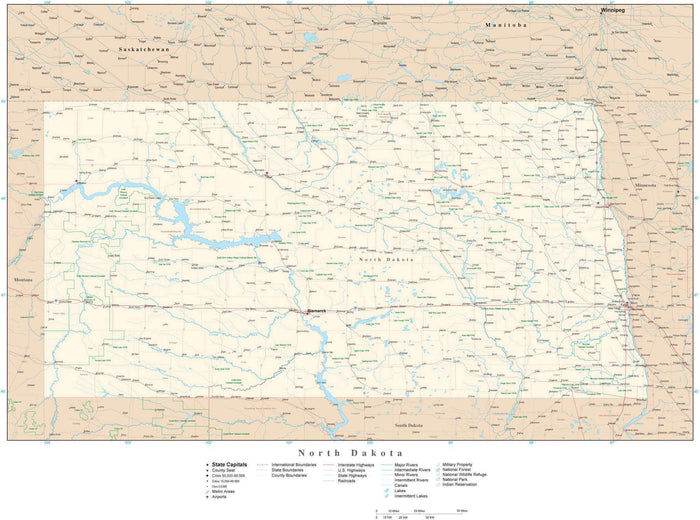 Detailed North Dakota Digital Map with County Boundaries, Cities, Highways, and more