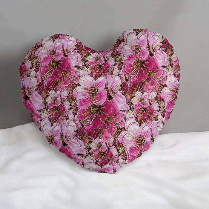 Electric Flora: Neon Sakura Cherry Blossoms Heart-Shaped Throw Pillow