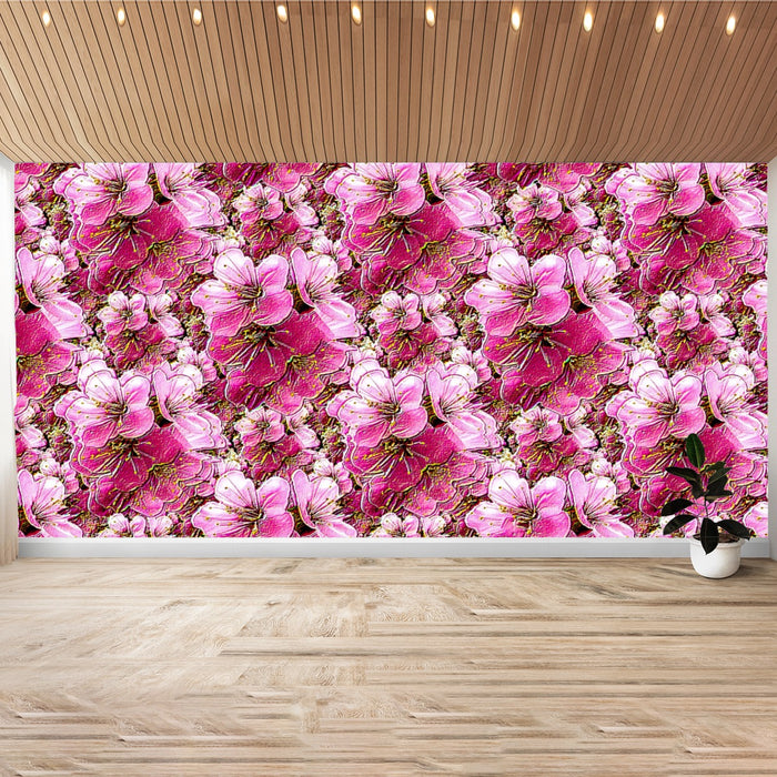 Electric Flora: Neon Sakura Cherry Blossoms Self-Adhesive Wallpaper