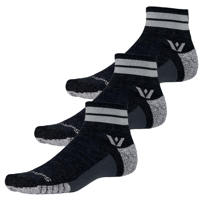 Three pairs of Flite XT Trail Quarter Crew socks in coal gray with black and white stripes