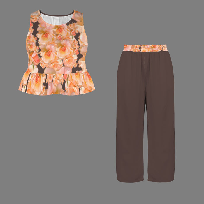 Floral Embosses: Roses 03 -02 "Sunset Rose Elegance" Sleeveless Ruffle Hem Crop Top & Wide Leg Pants Set