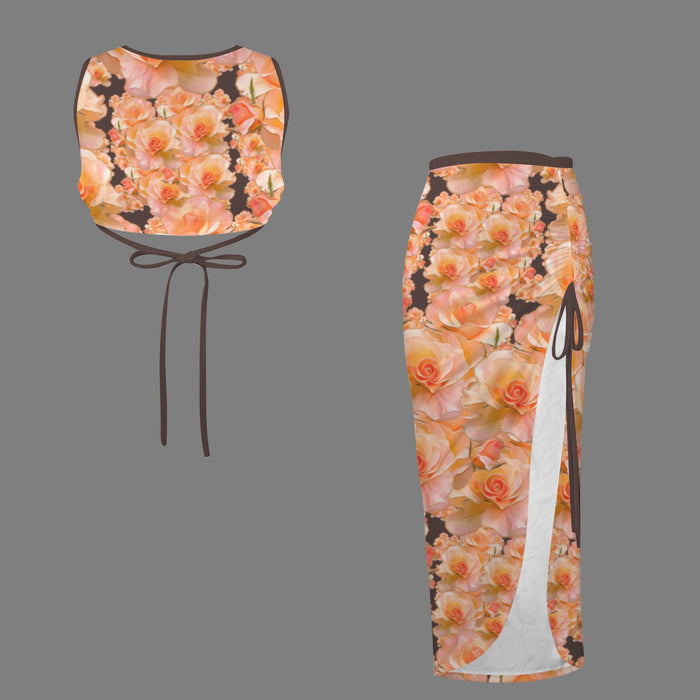 Floral Embosses: Roses 03 -02 "Sunset Rose Elegance" Backless Crop Top & Side Slit Drawstring Skirt Set