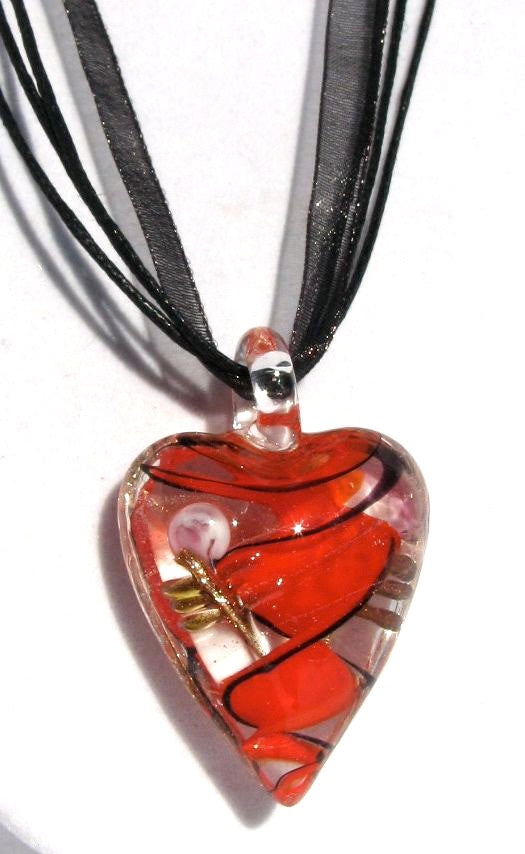 Fragile Heart - Clear Red and Black Swirled with Pink and Gold Hearts