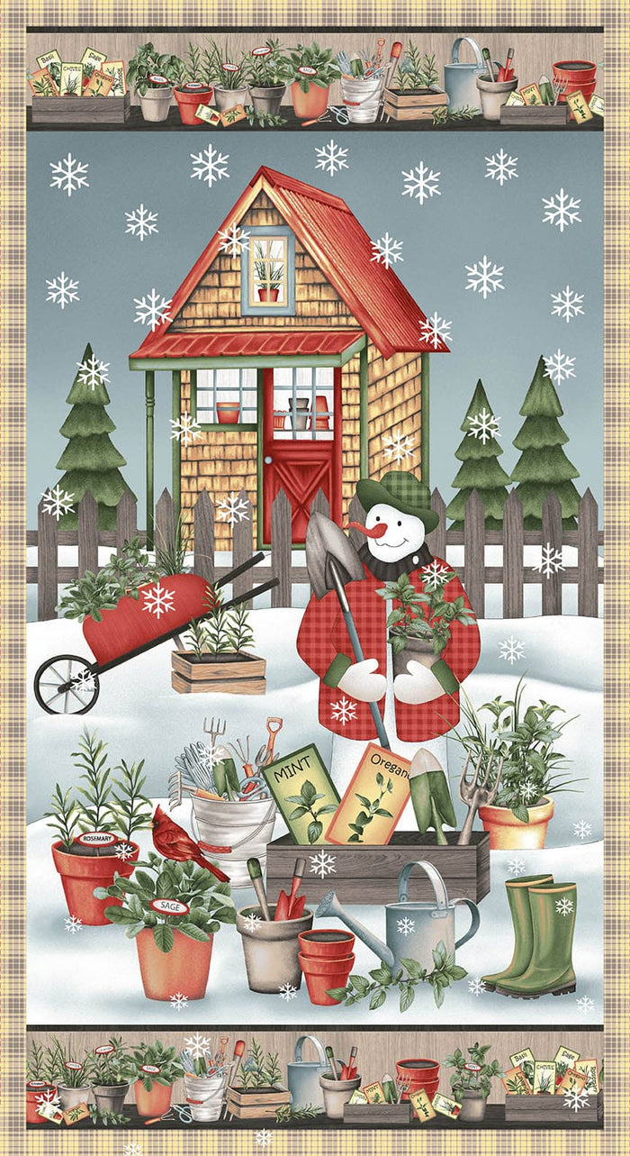 Gardening Snowmen Fabric Panel by Henry Glass, Winter Holiday Fabric, Quilting Fabric