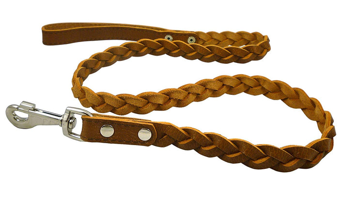 Genuine Fully Braided Leather Dog Leash 4 Ft Long 1" Wide Brown, Large Breeds