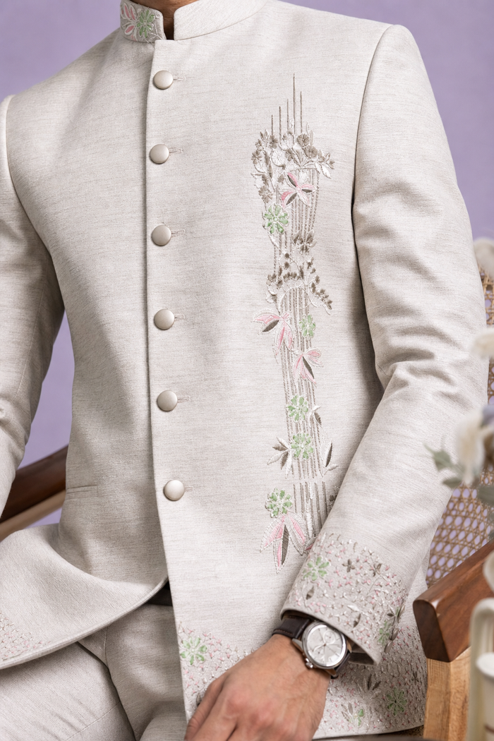 Floral Embroidered Ivory Jodhpuri Suit for Men – Wedding Wear | Mahavir NX
