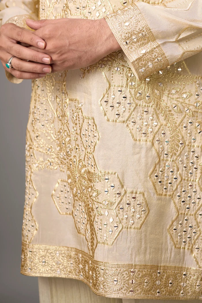 Heritage Gold Embroidered Kurta Set for Men – Full Length View | Mahavir NX