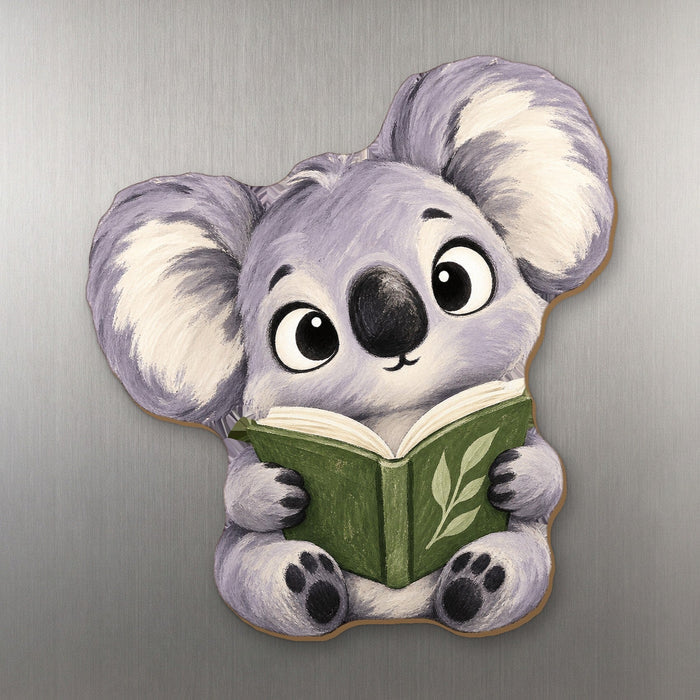 Koala-fied Reader wood magnet M367 on a stainless steel fridge, made in USA