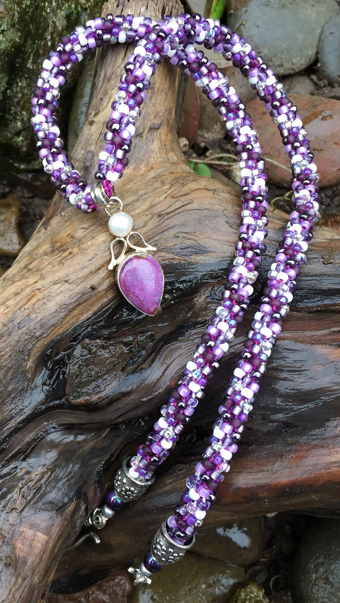 Kumihimo Necklace - Purpurite and Pearl