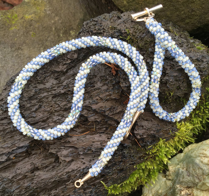 Kumihimo Necklace and Bracelet Set - Light Blue and Cream