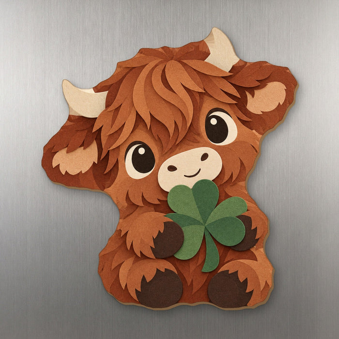 Lucky Moo wood magnet M354 on a stainless steel fridge, made in USA