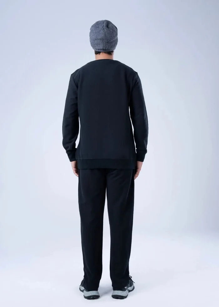 Men's black winter sweatshirt, rear view with long sleeves and crew neck; ribbed cuffs and hem.