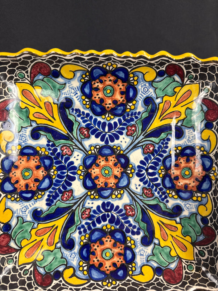 Mid-Century Puebla Mexican Casa Rugerio Signed Talavera Ceramic Square Plate