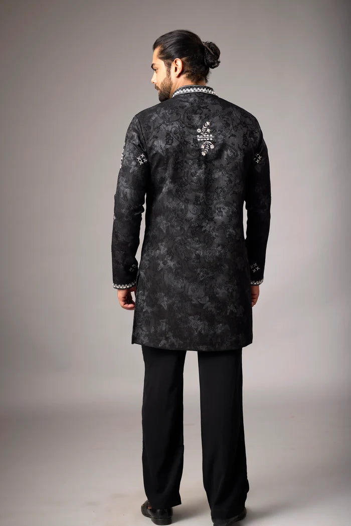 Midnight Black Floral Embroidered Kurta Set for Men – Full Length View | Mahavir NX