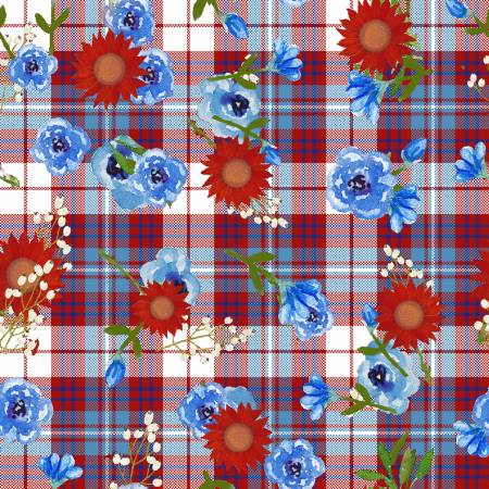 Multi Plaid Floral, American Spirit, Fabric by 3 Wishes, Red White and Blue Cotton