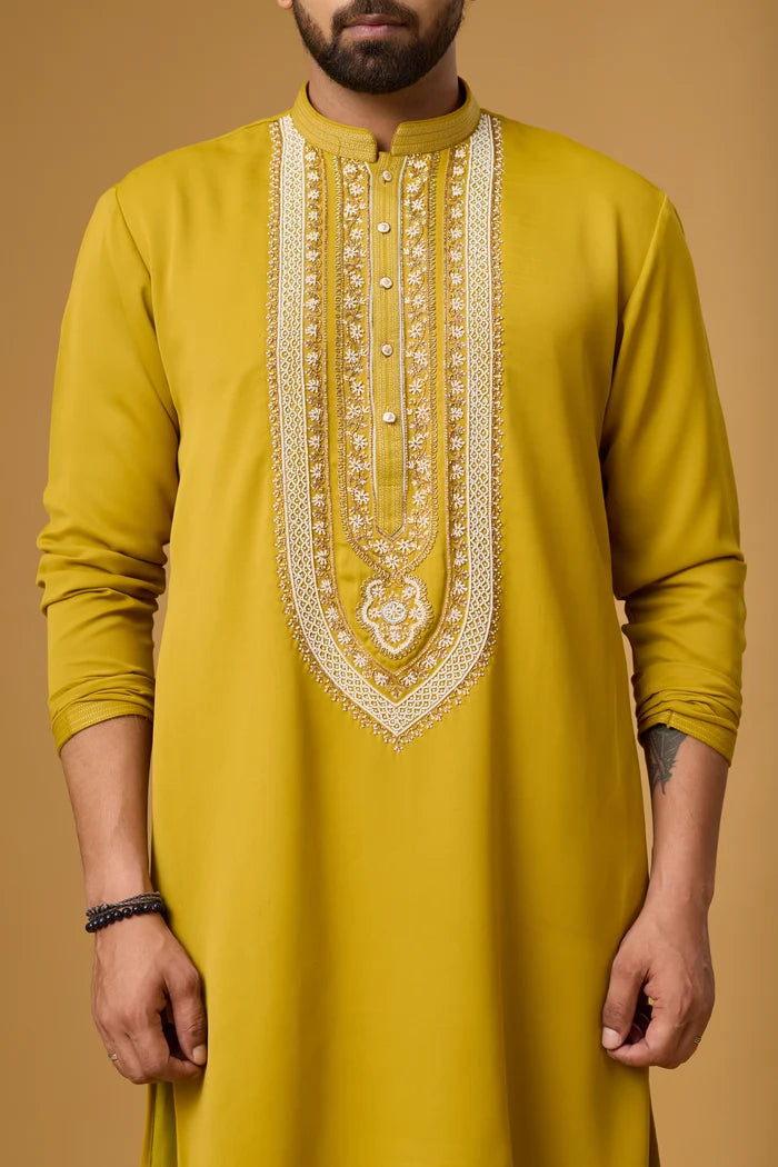 Premium Mustard Embroidered Kurta Set for Men – Full Length | Mahavir NX