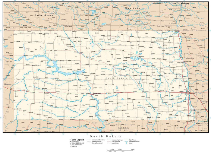 North Dakota Map with Capital, County Boundaries, Cities, Roads, and Water Features