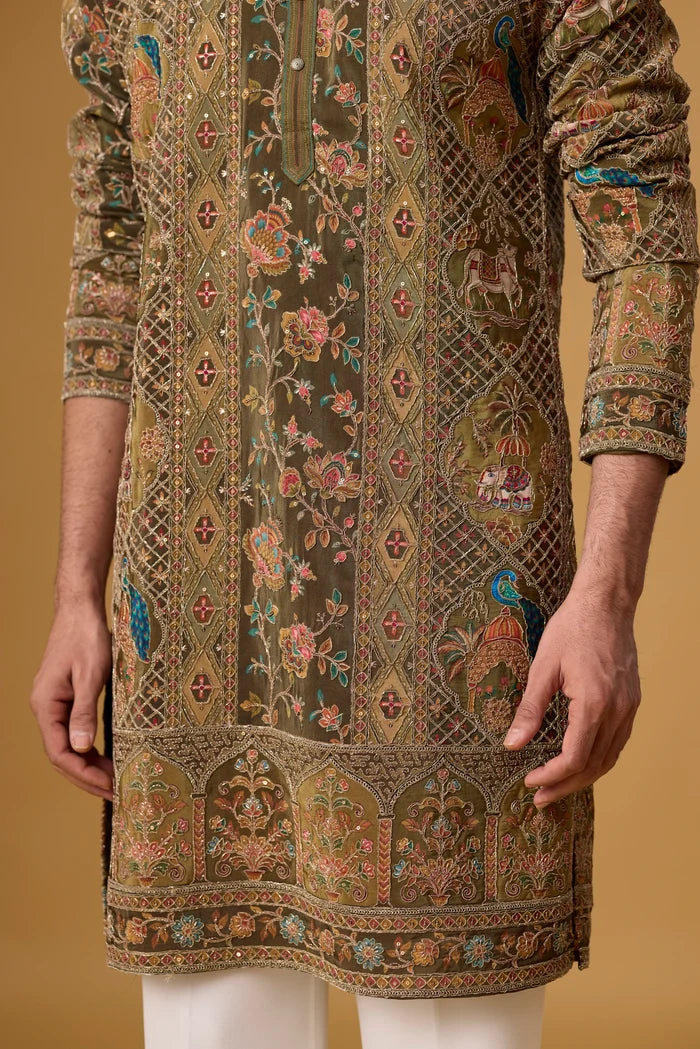 Olive Peacock Motif Ethnic Kurta Set – Full Length | Mahavir NX