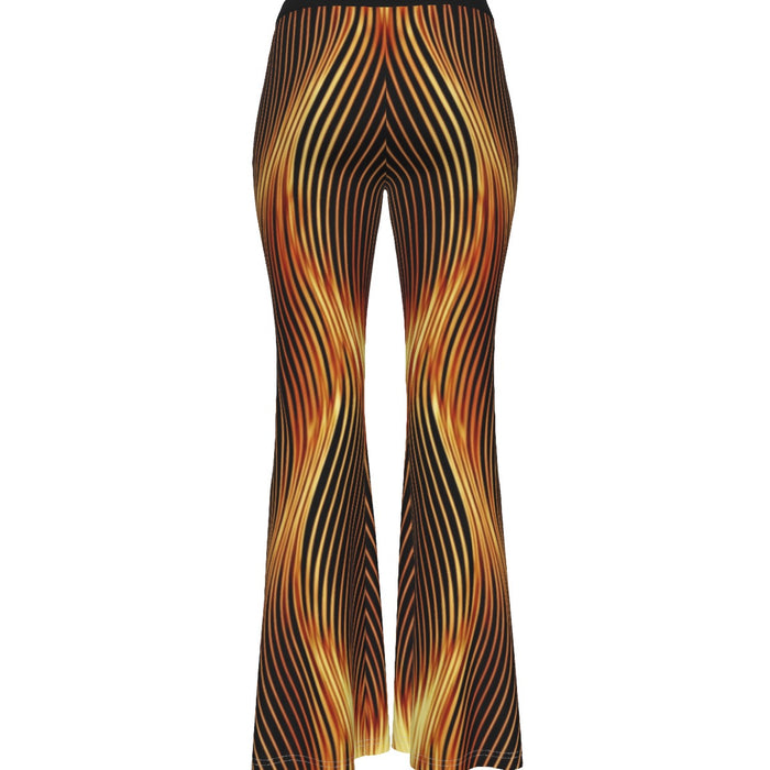 Studio product shot of the back of the Esh Tamid skinny flare pants, displaying the symmetrical vertical flame lines.
