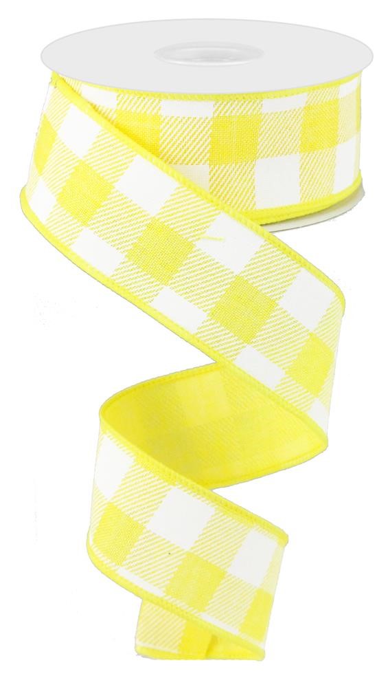 Plaid Check Wired Edge Ribbon - 10 Yards (Yellow, White, 1.5")