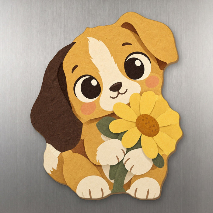 Pup-sy Daisy wood magnet M333 on a stainless steel fridge, made in USA