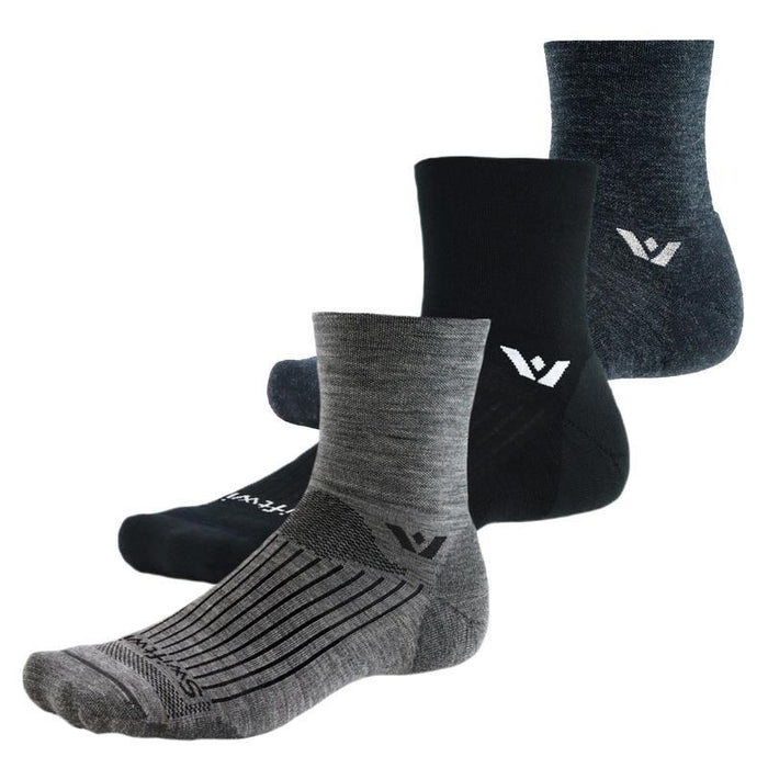 Three ankle-length athletic socks (grey, black, charcoal) with cushioned sole and small white V-shaped ankle logo.