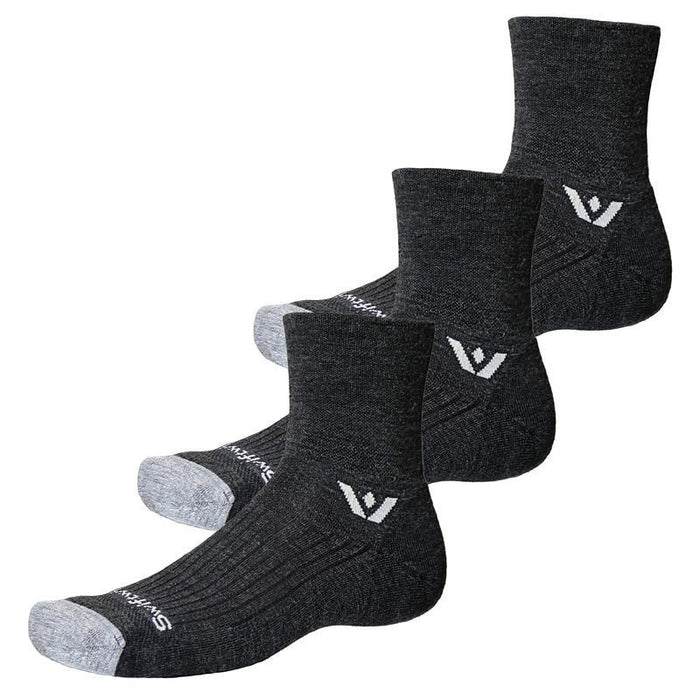 Three pairs of Pursuit Quarter Crew High socks in coal gray