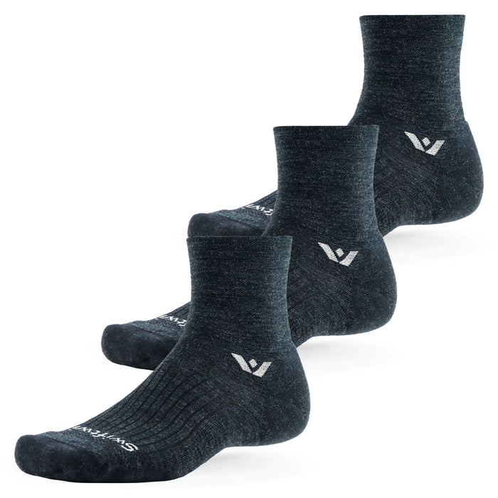 Three pairs of Pursuit Quarter Crew High socks in coal gray