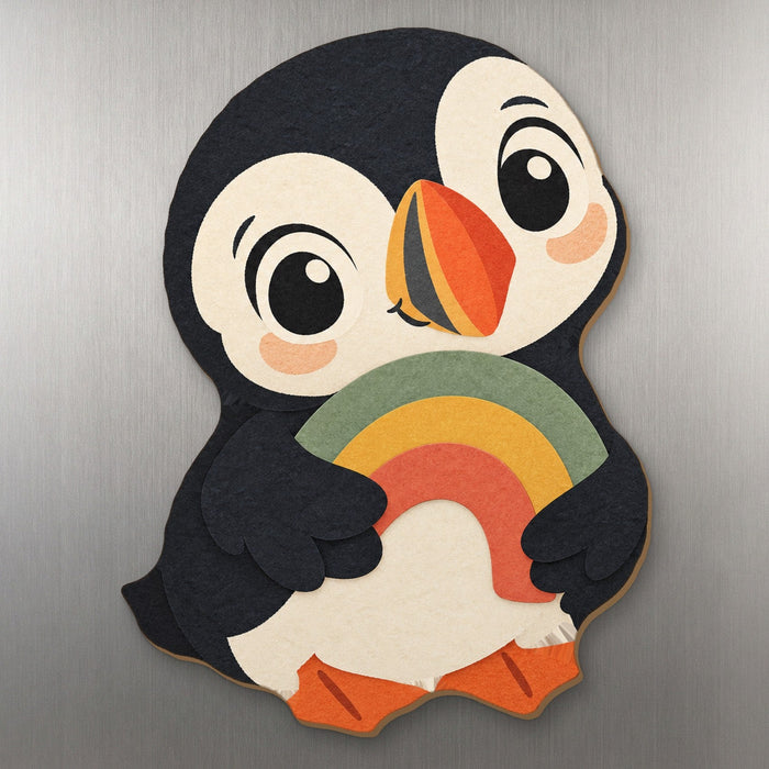 Rainbow's End Puffin wood magnet M362 on a stainless steel fridge, made in USA