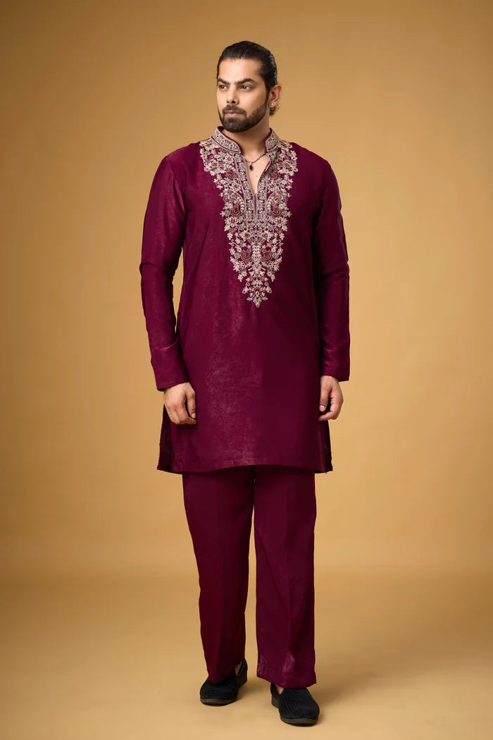 Royal Burgundy Kurta with Stole – Wedding & Reception Look | Mahavir NX