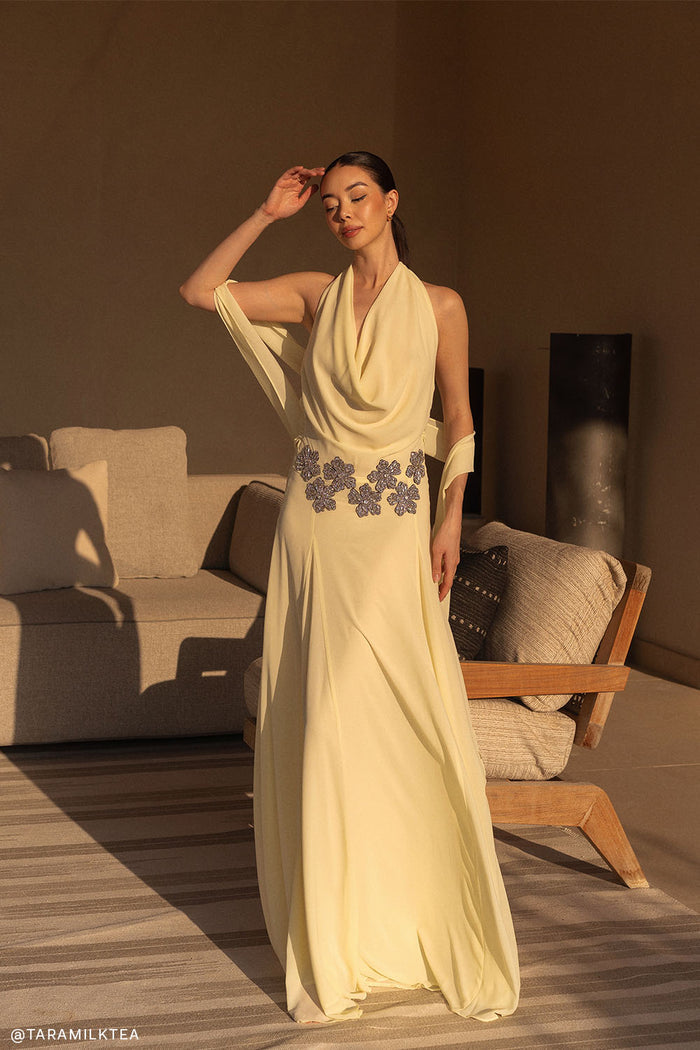 Santal Floral Chiffon Halter Maxi Dress - Lemon