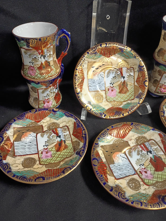 Set of 4 VTG Kutani Meiji Geisha Tea Cups & Saucers