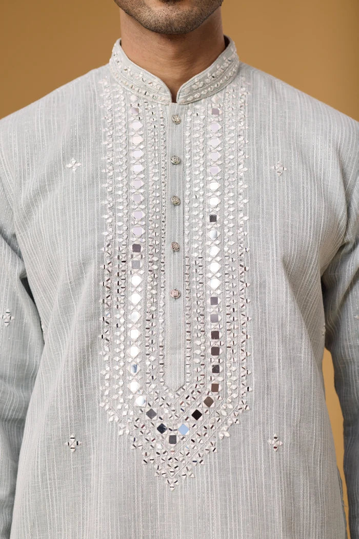 Premium Silver Mist Kurta Set for Men – Full Length View | Mahavir NX