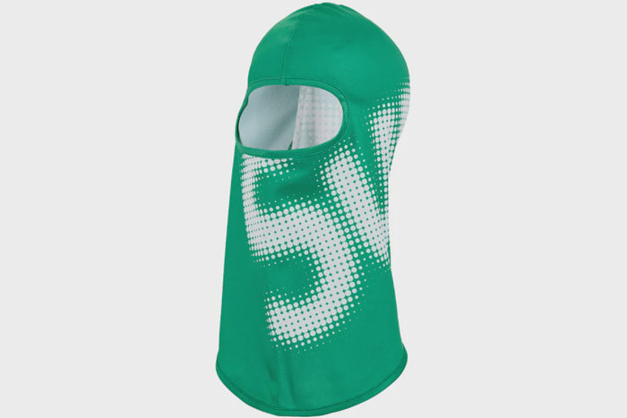 Supreme Halftone Lightweight Balaclava in Green (SS24) providing full face and head coverage for outdoor activities and cold weather protection